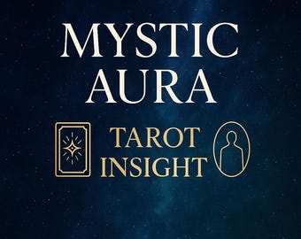 May include: A dark blue background with white text that reads "MYSTIC AURA". Below the text are the words "TAROT INSIGHT" and two gold-colored graphic elements: a tarot card and a silhouette.