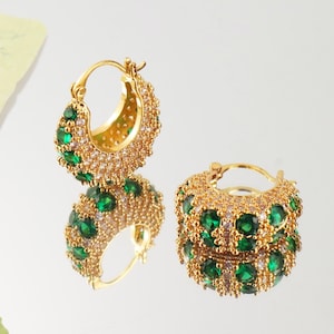 Emerald Green Huggie Hoop Earrings | Vintage Gold Statement Chunky Hoops | Victorian Elegant Gemstone Earrings Nickel Free Gift for Her Eraé