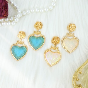 Vintage Heart Dangle Earrings: Gold Rose, Liuli Glass, Victorian Style, Hypoallergenic Bridal Jewelry