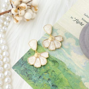 White Enamel Flower Earrings: Victorian Gold-Tone Dangles, Sterling Silver Posts