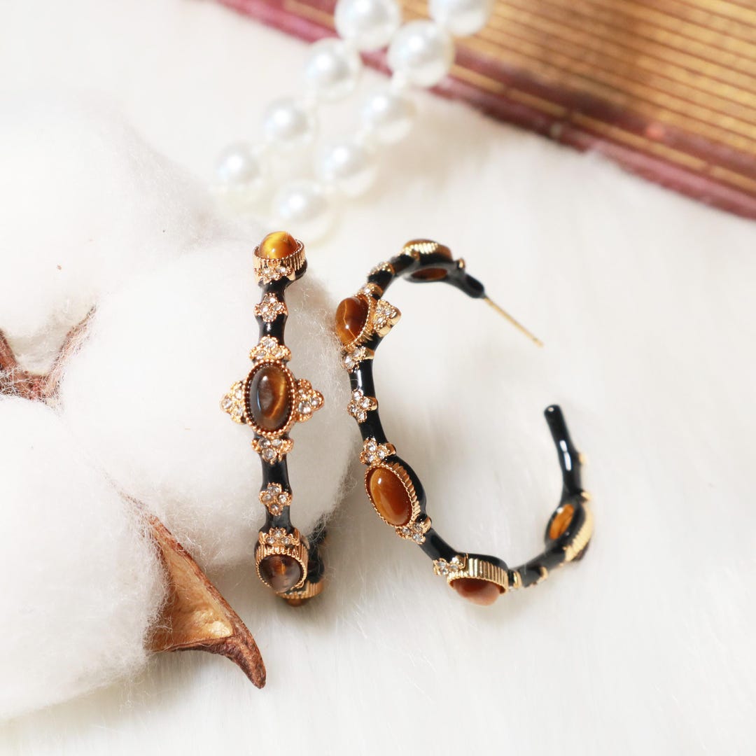 Tiger Eye Hoop Earrings: Rhinestone Gold-tone Alloy, Sterling Silver Post, Hypoallergenic - Etsy Japan