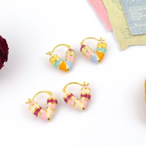 Vintage Heart Hoop Earrings: Gold Enamel Huggies, Art Deco Style