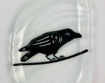 Crow Fused Glass Tea Bag Catcher Dish