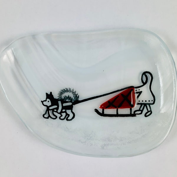 Dog Sled Fused Glass Tea Bag Catcher Dish