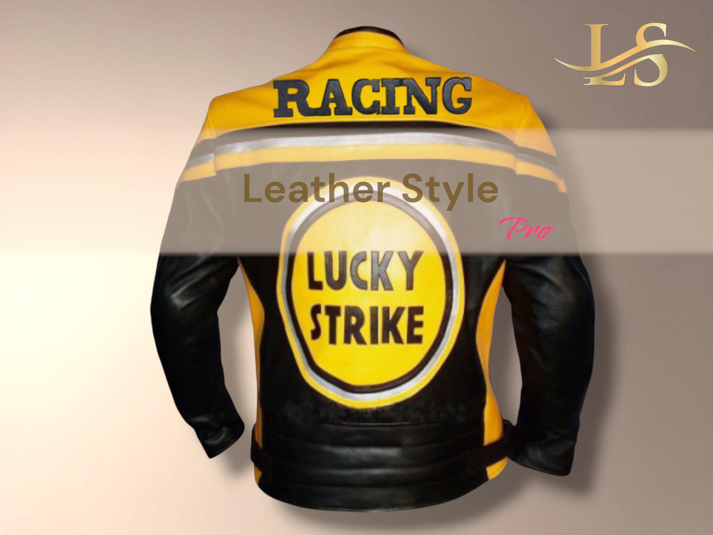 ラッキーストライクレザーバイカージャケット：牛革レーシングモーター 