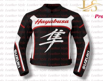 May include: Black leather motorcycle jacket with white and red accents. Features the word "Hayabusa" in white across the chest and "SUZUKI" on the sleeves. A Japanese character is also displayed.
