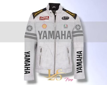 Yamaha Racing Leather Biker Jacket: White Cowhide Motorcycle Outwear