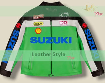スズキレーシングレザージャケット、牛革バイカーモーターサイクル