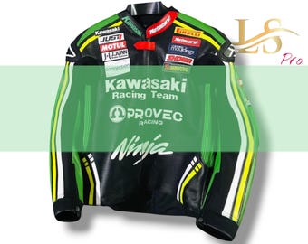 Kawasaki Jacket Motorbiker Racing Leather Jacket: Cowhide Biker Jacket