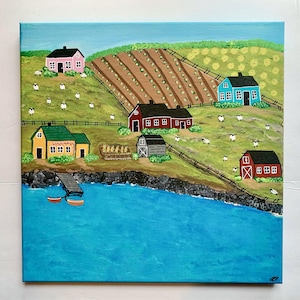 May include: A vibrant painting showcases a rural scene with a blue sea in the foreground. Houses in pink, yellow, red, and blue dot the green hills. Sheep graze in the fields, and a small jetty extends into the water. A charming countryside artwork.