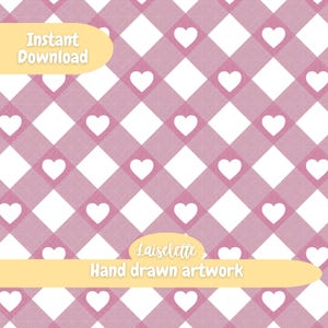 Könnte beinhalten: Ein digitales Muster mit einem sich wiederholenden rosa-weißen Rauten-Gingham-Karomuster mit kleinen weißen Herzen in jeder rosa Raute. Das Bild enthält Textüberlagerungen mit der Aufschrift Instant Download und Laiselette Hand drawn artwork.