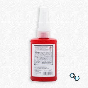 May include: A red bottle of Loctite threadlocker with a white cap and a warning label. The bottle is labeled with instructions in Japanese and English.