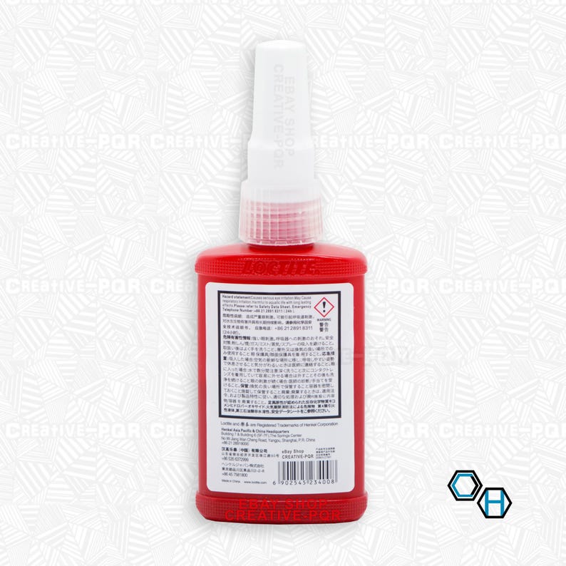 May include: A red bottle of Loctite threadlocker with a white cap and a warning label. The bottle is labeled with instructions in Japanese and English.