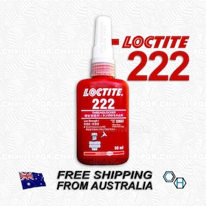 May include: A red bottle of Loctite 222 threadlocker with a white label and black text. The bottle is 50 ml and has a red cap. The label says "Threadlocker" and "Low Strength".