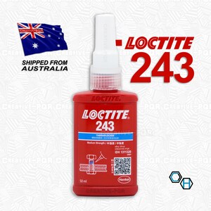 May include: A red bottle of Loctite 243 threadlocker with a white cap. The bottle is labeled with the product name, strength, and a QR code. The bottle is 50 ml.
