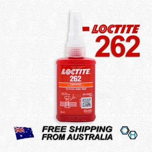 May include: A red bottle of Loctite 262 Threadlocker, a high-strength adhesive for locking and sealing threaded fasteners. The bottle is 50 ml and features a red and white label with the Loctite logo and product information.
