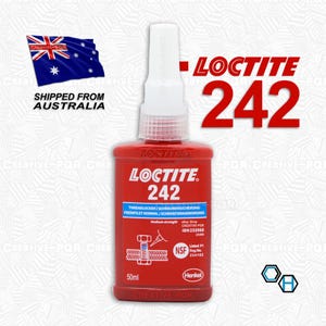May include: A red Loctite 242 threadlocker bottle with a white cap. The bottle has a label with the Loctite logo and product information. The bottle contains 50ml of threadlocker. The text "Loctite 242" is displayed in large red letters.