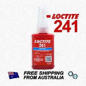 May include: A red bottle of Loctite 241 threadlocker with a white cap. The bottle is labeled with the product name, strength, and a QR code. The bottle is 50 ml.