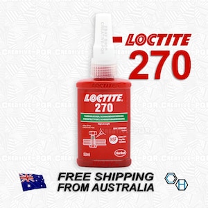 May include: A red bottle of Loctite 270 threadlocker with a white cap. The bottle is labeled with the product name, brand, and instructions for use. The bottle is 50ml.