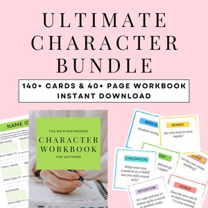 May include: A green and white workbook titled "Character Workbook for Authors" by The Rainydaywords. The workbook is open to a page with a hand writing on a lined notebook. The image also shows several colourful cards with questions about character development for authors.