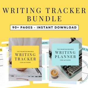 May include: A digital download bundle of printable writing tracker and planner pages for authors. The cover of the writing tracker features a hand holding a notebook, while the writing planner cover features a vintage typewriter. The text on the cover reads "The RainyDayWords Writing Tracker for Authors" and "The RainyDayWords Writing Planner for Authors".