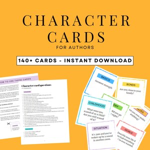 May include: A set of colorful character cards for authors, with titles like "Basics", "Bonds", "Childhood", "Day", "Values", "Situation", and "Goals". The cards feature prompts and questions to help writers develop their characters.
