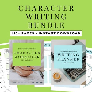 May include: A green and white digital download bundle for writers. The bundle includes a character workbook and a writing planner. The text on the cover of the character workbook says "The Rainydaywords Character Workbook for Authors". The text on the cover of the writing planner says "The Rainydaywords Writing Planner for Authors".