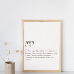 Könnte beinhalten: Ein gerahmter Druck mit weißem Hintergrund und schwarzem Text. Der Text definiert den Namen "ava" als einen strahlenden Geist, der in Anmut gehüllt ist und Ruhe in das Chaos und Licht in den Alltag bringt. Er beschreibt Ava als eine kleine Anführerin mit einem großen Herzen, die von Natur aus neugierig ist und immer bereit ist, ein Lächeln oder eine Umarmung zu teilen. Der Text schlussfolgert, dass Avas Lachen ansteckend ist, ihre Energie inspirierend und ihre Liebe grenzenlos.
