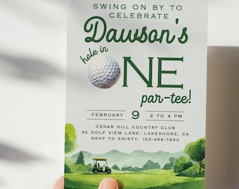 Inbjudan till Hole-in-one-födelsedag, golfpar-tee-inbjudan, redigerbar Hole-in-one-födelsedagsmall, utskrivbar golffödelsedag