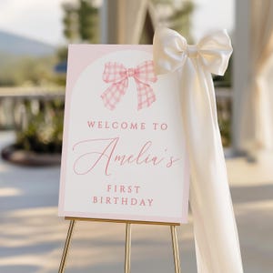 Pink Bow Welcome Sign, Pink Bow 1st Birthday, Pink Bow Birthday Sign Template, 1st Birthday Girl Sign, Instant Download, Templett, AMELIA