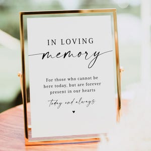 Op de afbeelding: Een verticaal rechthoekig bord in een dunne goudkleurige metalen lijst met zwarte tekst op een witte achtergrond: IN LOVING memory, For those who cannot be here today, but are forever present in our hearts, Today and always, met een klein hartje.