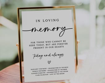In Loving Memory Sign, Minimalist Wedding Memorial Table, In Loving Memory Printable Editable Template, Instant Download, Templett, IRIS