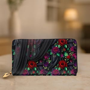 Cartera de mano de cuero con diseño floral gótico y caprichoso: cartera larga con cremallera, ranuras para tarjetas y monedero.