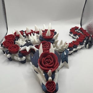 Red White Blue Rose Dragon | 4th of July Articulated Dragon | Poseable Fidget Toy | 3D Printed Patriotic Gift | Desk Decor for Him Her