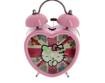 Hello Kitty Blossom Alarm Clock-Pink Twin Bell Analogue Desk Clock Heart Shaped  Battery Operated Gift