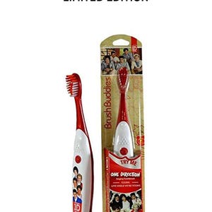 One Direction - Red Musical Toothbrush- Tongue & Cheek Cleaner-Play Button-Soft DuPont Bristle-Ergonomic Handle-Battery Powered