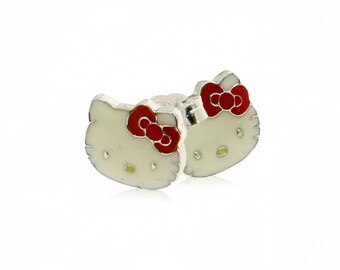 Genuine Hello kitty 925 Sterling Silver Stud Earrings – Cream with Red Bow Birthday Gift