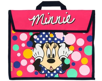 Minnie Mickey Mouse Pink Book Bag- Black Handle Velcro Flip Closure-Waterproof -One-size Handbag for Travel Coloring Book & Notebook