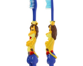 Genuine Stand-in Leo (Lion) 3D Blue Toothbrush for Kids-Soft Bristles BPA-Free Non-Toxic-Gentle Rubber Grip