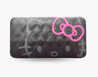 Hello Kitty Black PU Leather Wallet – Quilted Purse for Women Cosmetic Makeup Bag Pouch
