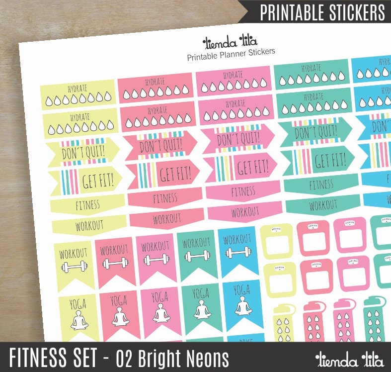 FITNESS Planner STICKERS Printable Fitness Set 02 Bright Etsy