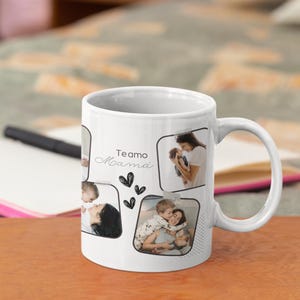 Puede incluir: Taza de cerámica blanca con asa negra. La taza tiene un diseño de corazones negros y fotos de una madre y sus hijos. El texto "Te amo Mama" está impreso en la taza.
