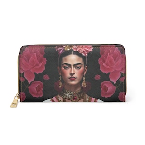 Carteira com zíper Frida Kahlo, bolsa floral feminina, acessório artístico, presente exclusivo para ela, carteiras estilo boho, uso diário