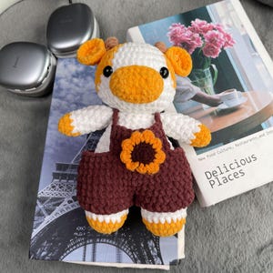 Cute Handmade Crochet Plush Cow in Sunflower Overalls, Cute Amigurumi Soft Toy Animal, Yellow White Stuffed Doll Gift, Babies or Room Decor