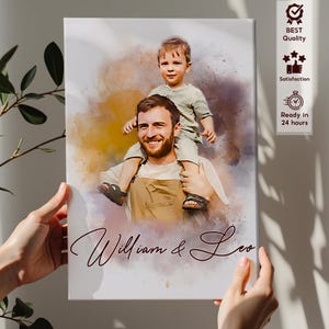 Personalized Father And Son Watercolor Portrait, Custom Dad Portrait Photo, Dad & Child Wall Art, Custom Family Portrait, Father's Day Gift