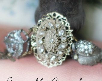 In the Garden bracelet~ vintage assemblage bracelet floral leaves one of a kind handmade crownedbygrace