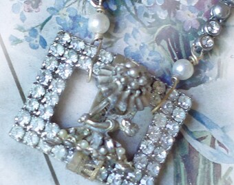 Singin' In the Rain ~ vintage assemblage necklace rhinestone belt buckle umbrella handmade one of a kind crownedbygrace