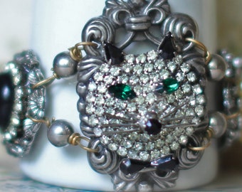 Purrrrfect Cat bracelet ~ vintage assemblage bracelet one of a kind handmade cat kitty crownedbygrace