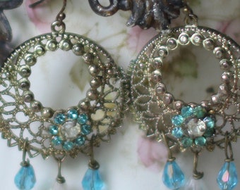 La Mer earrings ~ vintage assemblage earrings chandelier flowers aqua blue filigree crowned by grace