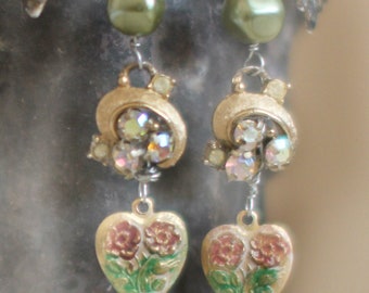 JARDIN D'AMOUR earrings ~ vintage assemblage artisan handmade one of a kind valentine hearts crownedbgrace